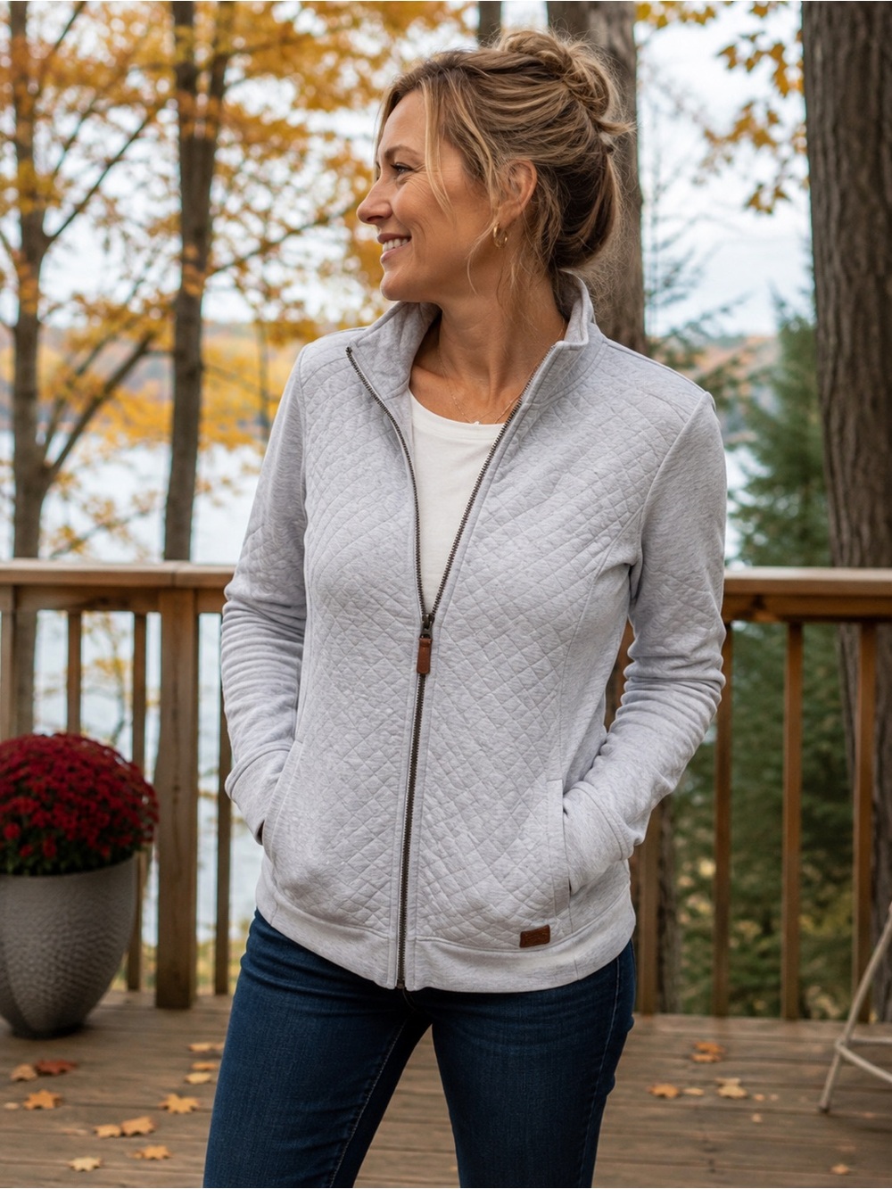L.L.Bean Quilted Full-Zip Sweatshirt – Heather Gray- Size Medium